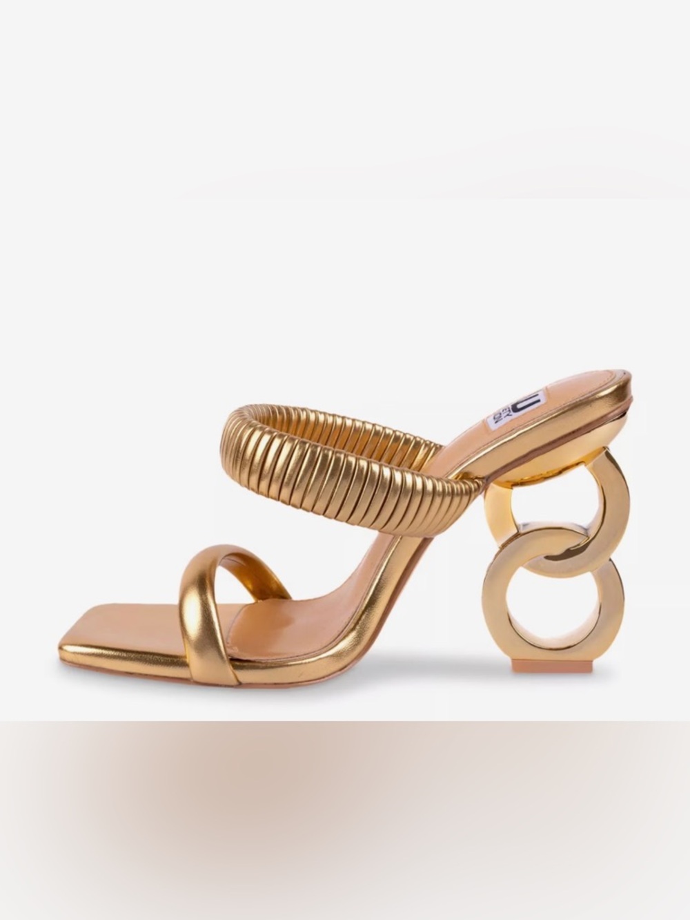 Gold Sculptural Ring-Heel Metallic Slide Sandal